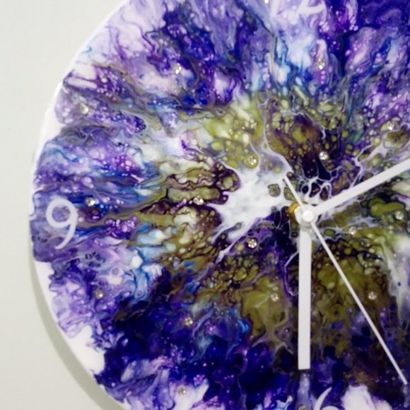 Hand Crafted Resin Clock Fluid Art Bling Purple Olive Green Rhinestones - Picture 2 of 11
